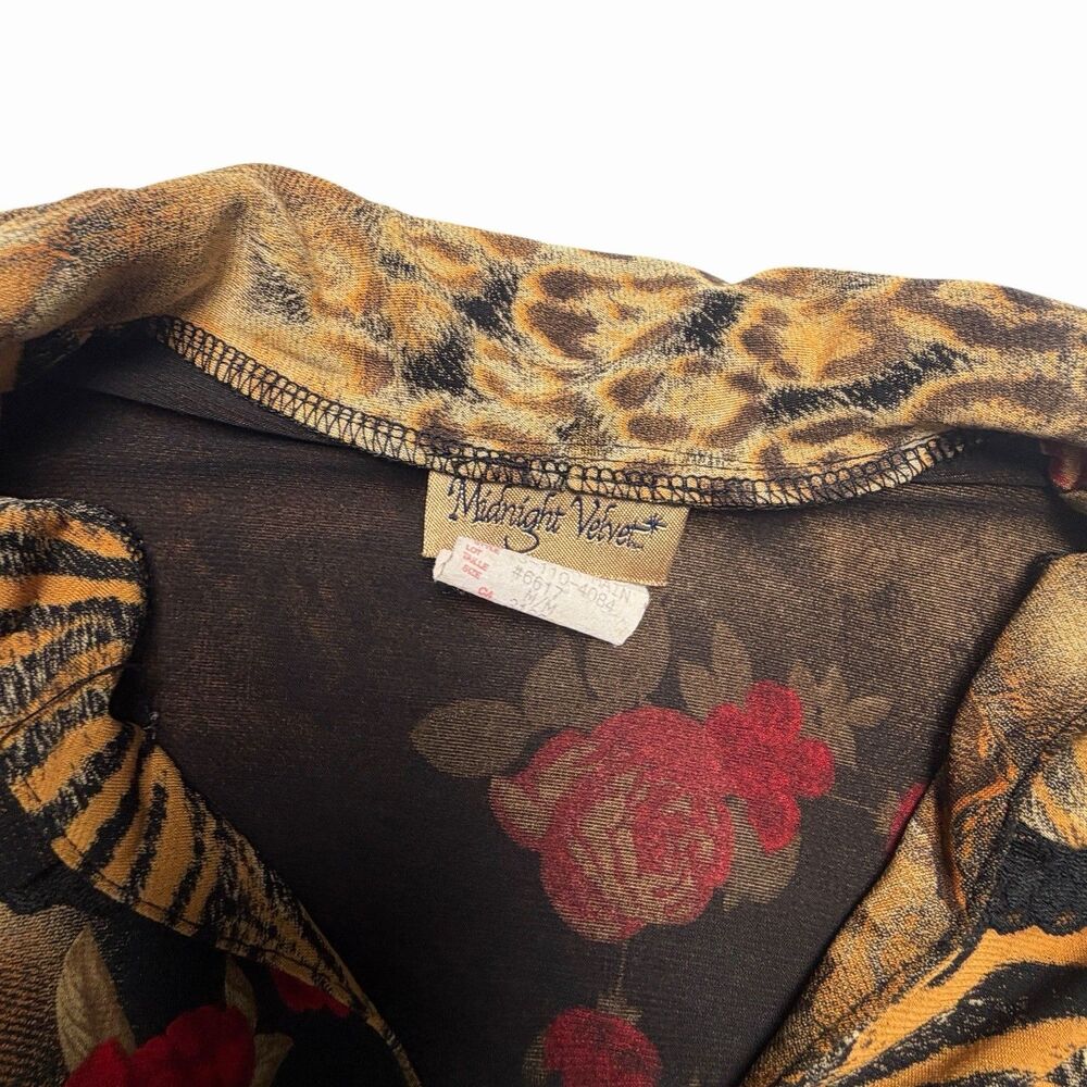 Y2K Midnight Velvet Animal Print Floral Blouse Roses Lace Trim - Picture 9 of 9